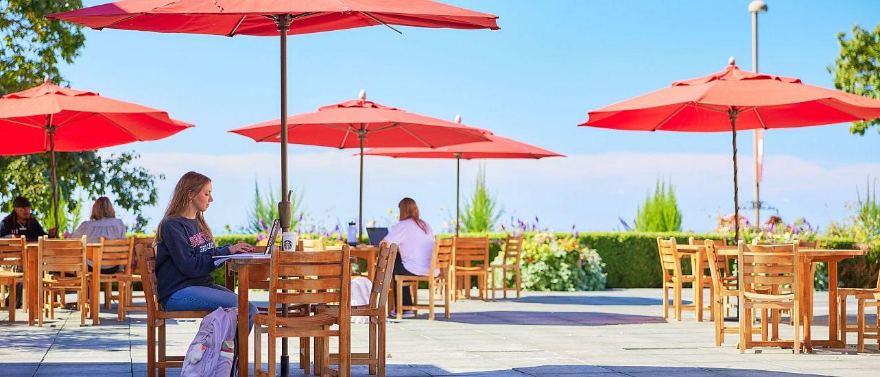 A student sitting at a table on a patio overlooking Lake Michigan.